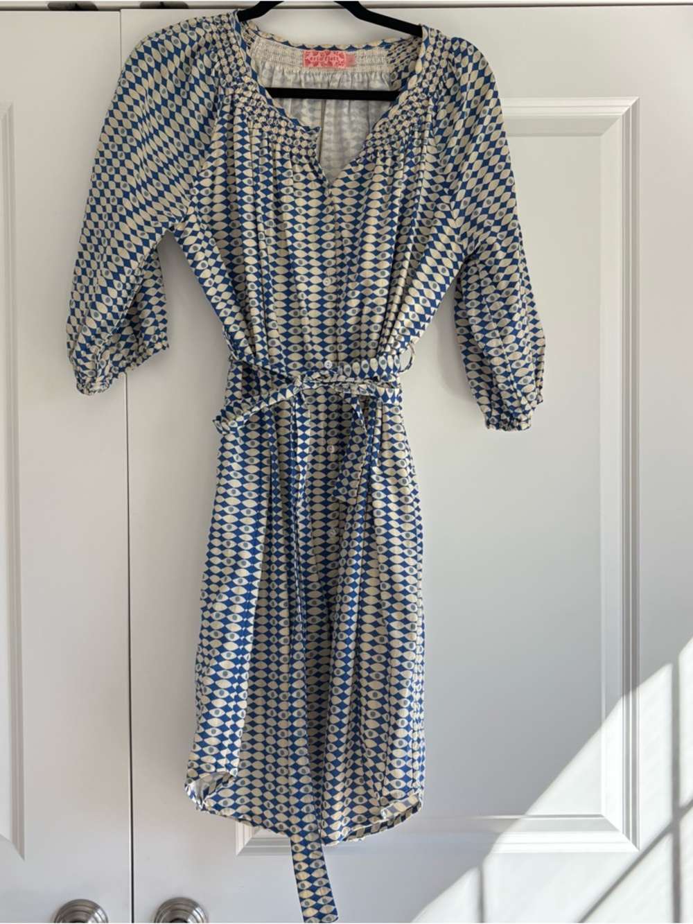Erin Flett Blue & Cream Dress Size Large | Like New Boho Coastal Style